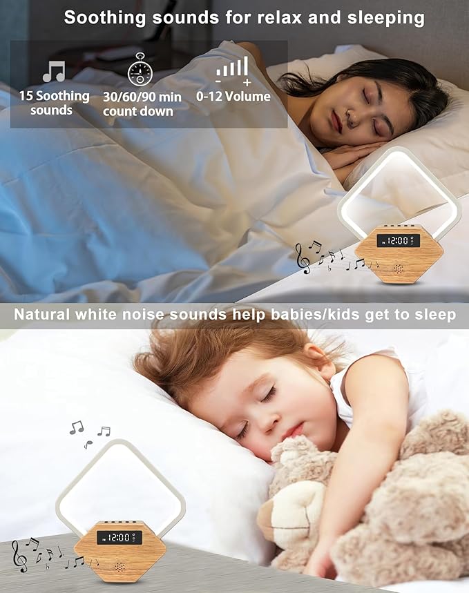 White Noise Sound Machine Smart Sleep Aid,Sunrise Alarm Clock with Wake Up Light for Heavy Sleepers Adults Baby,15 Soothing Sounds, Dimmable Night Light with Dual USB Charger,Gift for Kid Baby Mom Dad