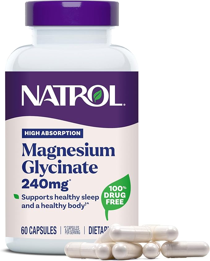 Natrol Magnesium Glycinate Supplements 240 mg - High Absorption - Calm Magnesium Glycinate for Sleep - 60 Capsules, 30 Day Supply