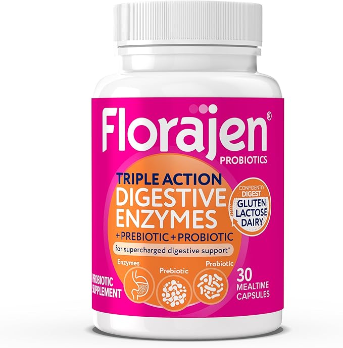 Florajen Digestive Enzymes with Probiotics & Prebiotics - Triple-Action Formula for Gut Health, Bloating, & Gas Relief - Supports Gluten & Dairy Digestion - Clean, Non-GMO - 30-Count