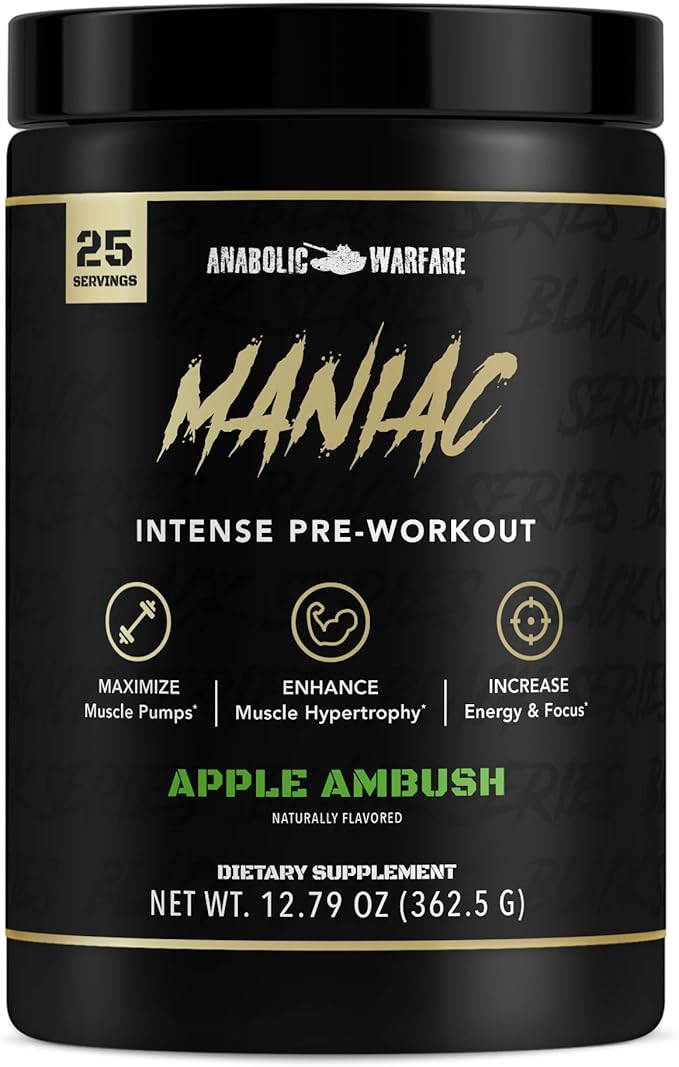Anabolic Warfare Black Series Maniac, Pre-Workout Powder, Supports Nitric Oxide, Muscle Pumps, and Protein Synthesis* Apple Ambush