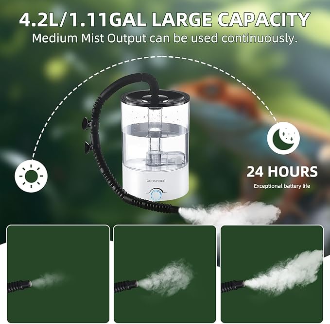 Coospider 4.2L Top Fill Reptile Fogger Mister, Reptile Humidifier for Reptiles Tank, Terrariums Humidifier with Extended Tube, Automatic Reptile Misting System for Reptiles Amphibians Herps Vivarium