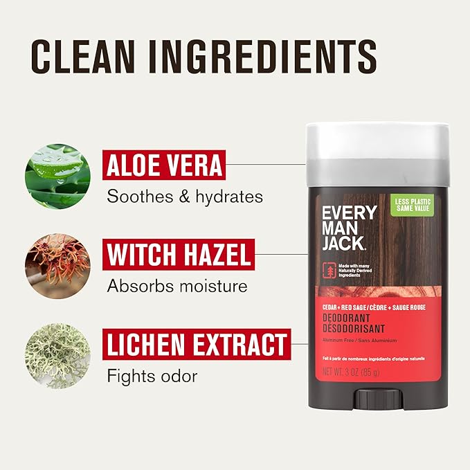Every Man Jack Cedar + Red Sage Men’s Deodorant - Stay Fresh with Aluminum Free Deodorant For all Skin Types - Odor Crushing, Long Lasting, with Naturally Derived Ingredients - 3oz (2 Pack)