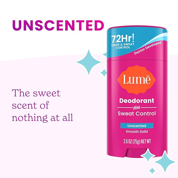 Lume Deodorant Plus Sweat Control - Smooth Solid Stick - Extra Strength Antiperspirant - 72 Hour Odor And Sweat Control - Baking Soda Free, Skin Loving - 2.6 ounce (Unscented) Pack of 2