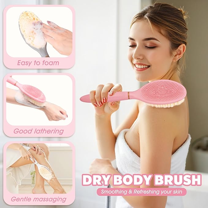 New Body Brush for Wet or Dry Brushing, Anti-Slip Corn-Handle Shower Brush with Large Dual-Side Head & Soft Bristles, Easy-to-use Bath Brushes for Lathering Cleansing(Pink-S)