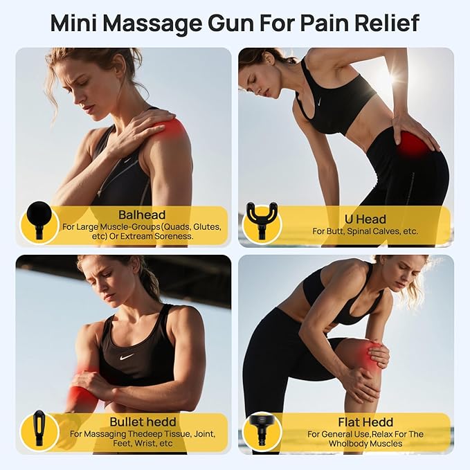 Super Mini Massage Gun Deep Tissue with 5 Speeds, Small Travel Size Percussion Muscle Massager for Pain Relief with 4 Attachments, Handheld Portable Massager Gun for Man & Women, Yellow