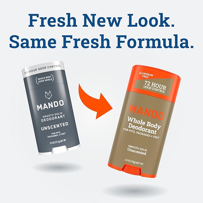 Mando Whole Body Deodorant For Men - Smooth Solid Stick - 72 Hour Odor Control - Aluminum Free, Baking Soda Free, Skin Safe - 2.6 Ounce (Pack of 2) - Unscented