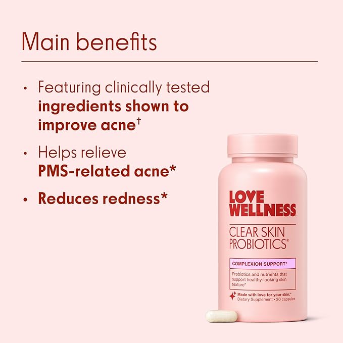 Love Wellness Clear Skin Probiotic | Clear Up Hormonal Acne Pimples, Redness & Pore Minimizer | Skin Care with Zinc, Bifidobacterium Longum & Chaste Tree Fruit Extract | Acne Treatment | 30 Count