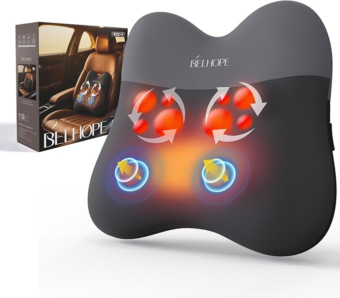 belhope Back Massager with Heat, Shiatsu and Percussion Massage, Cordless Lower Back Massage for Pain Relief Deep Tissue, 4D Neck Massager and Massage Pillow for Shoulder, Grey