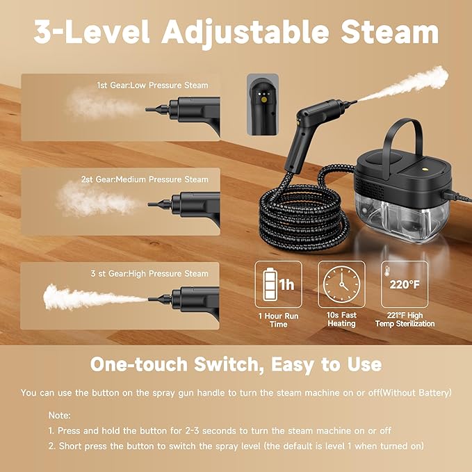 Handheld Steam Cleaner for Home, 3-Level Adjustable Handle, 10s Heat-Up, Portable Steamer for Cleaning with 1.69 Quarts Tank, Handheld Steamer for Car, Grease, Tile, Grout & Couch -15 PCS Accessories