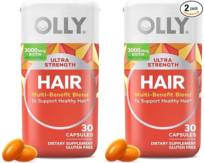 OLLY Ultra Strength Hair Softgels, Supports Hair Health, Biotin, Keratin, Vitamin D, B12, Hair Supplement, 30 Day Supply - 30 Count (Packaging May Vary) (Pack of 2)