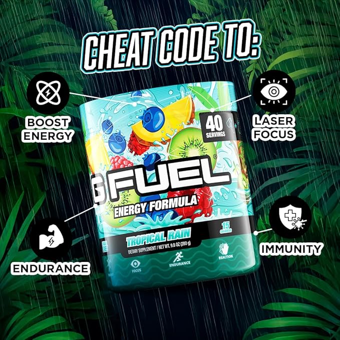G Fuel Tropical Rain Energy Drink Powder, Pre Workout Caffeine Mix for Gaming, Sugar Free Focus Amino, Vitamin + Antioxidants, 9.8oz (Fruit Medley, 40 Servings)