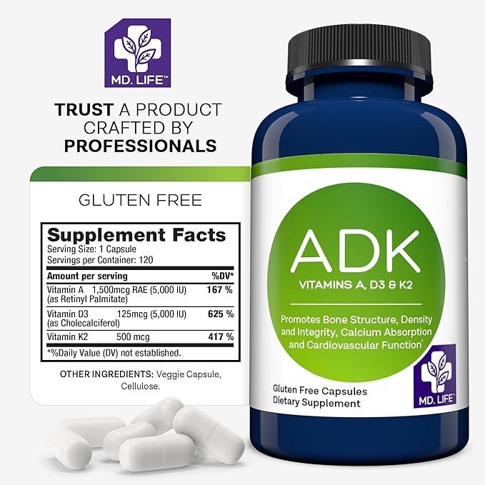 MD Life ADK Vitamin Supplement With Vitamin D3, K2 & A - 90 Capsules - Supports Bone & Heart Health - High Potency ADK Complex