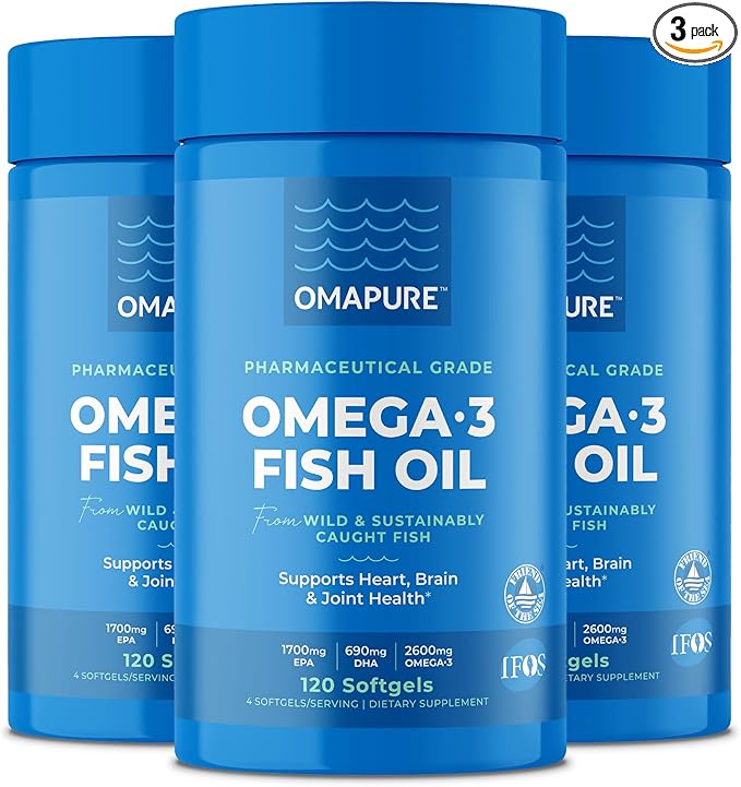 Fish Oil Supplements with Omega 3 Fatty Acids (3 Bottles, 120 Softgels) - High EPA, DHA, & IFOS Fish Oil Pills Support Heart & Joint Health - Burpless Fish Oil Promotes Brain Function