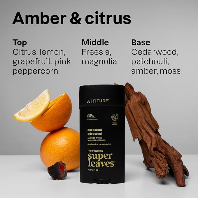 ATTITUDE Aluminum-Free Deodorant for Men, 95% Natural Origin Ingredients, EWG Verified, Plant Based Odor Control, With Baking Soda, Amber & Citrus, 2.64 Oz
