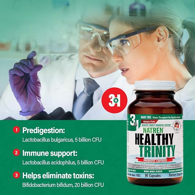 Natren Healthy Trinity Probiotics Supplement - 90 Dairy and Gluten Free Gel Capsules - Improve Gut and Digestive Health, 30 Billion CFU - Lactobacillus Acidophilus, Bifidobacterium, Bulgaricus