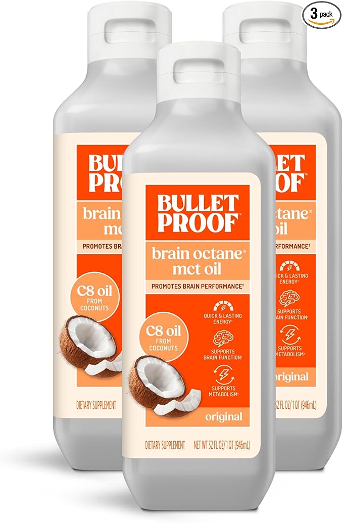 Bulletproof Brain Octane C8 MCT Oil, 32 Ounces (Pack of 3), Keto Supplement for Sustained Energy and Craving Support