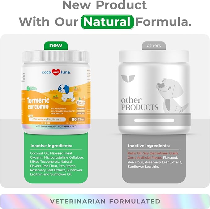 Turmeric Curcumin for Dogs - 90 Soft Chews - with Collagen, BioPerine and Fish Oil - Hip & Joint Support, Ease Inflammation, Antioxidant, Cardiovascular & Liver Support.