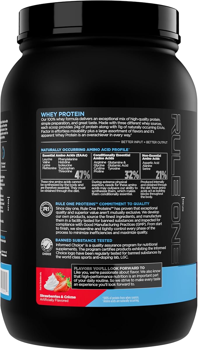 Rule 1 Whey Protein – 24g Fast-Acting Protein from All-Whey Sources with Naturally Occurring EAAs & BCAAs for Workout Recovery or Anytime Use (2 Pounds*, Strawberries & Creme)