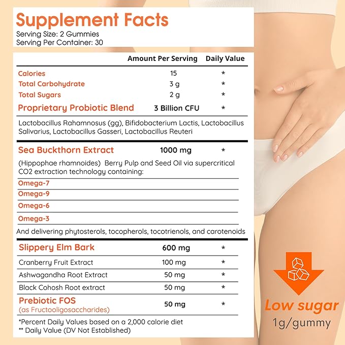 Muun Vaginal Dryness Gummy for Perimenopause Menopause with Slippery Elm Bark, Omega 6, 7, & 9, 3 Billion CFUs Probiotic, Prebiotic- Estrogen Free, Hormone Free Vaginal Moisturizer