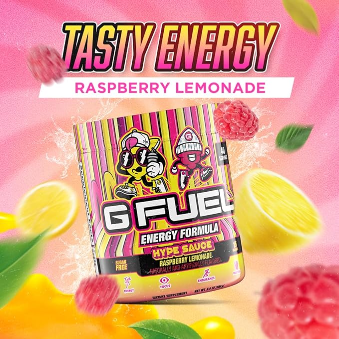 G Fuel Hype Sauce Energy Drink Powder, Pre Workout Caffeine Mix for Gaming, Sugar Free Focus Amino, Vitamin + Antioxidants, 9.9oz (Raspberry Lemonade, 40 Servings)