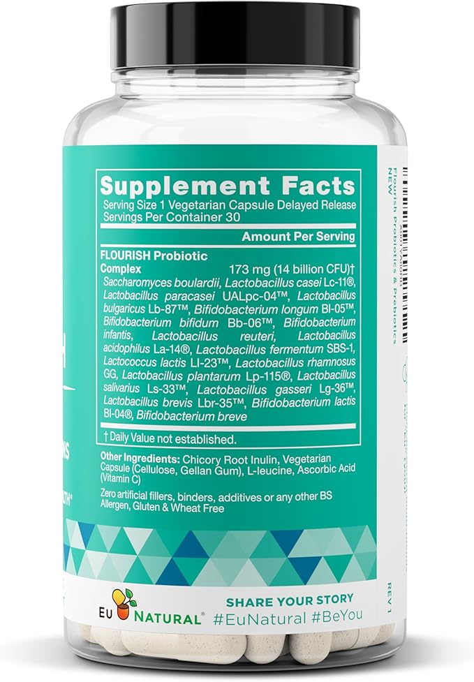 Flourish Probiotics + Prebiotics for Women – Gut and Digestion, Urinary Tract, Reduce Bloating, Vaginal Health – 18 Clinically Proven Strains, 14 Billion CFU – 30 Shelf-Stable Mini Vegan Capsules