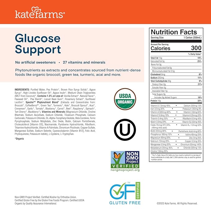 KATE FARMS Organic 1.2 Glucose Support Shake, Vanilla, 16g Protein, 27 Vitamins and Minerals, Diabetic Nutrition Meal Replacement, 8.45 oz (12 Pack)