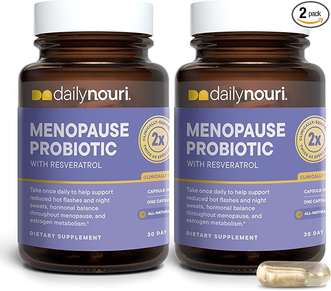 Daily Nouri Menopause Probiotic | Supports Hormonal Balance, Estrogen, Hot Flashes, Night Sweats, Bloating & Gut Health | 3 Clinically Studied Strains + Resveratrol & Vegan Omega Oil | 30-Day Supply