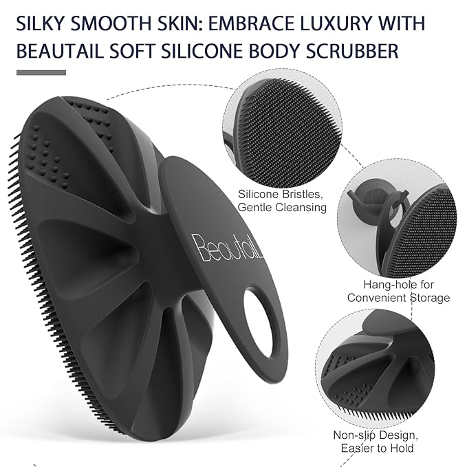 1 Pack Silicone Body Scrubber BEAUTAIL Bath Shower Brush and 1 Pack BEAUTAIL Silicone Scalp Massager Shampoo Brush, Black