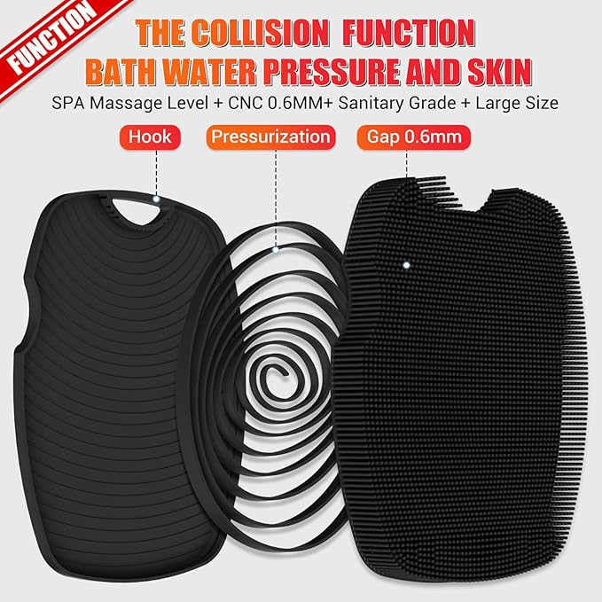 Silicone Body Scrubber Anti Slip for Shower,Zinc Infused Soft Bristles Shower Scrubber for Body Exfoliator,Hygienic,Blood Circulation - Black