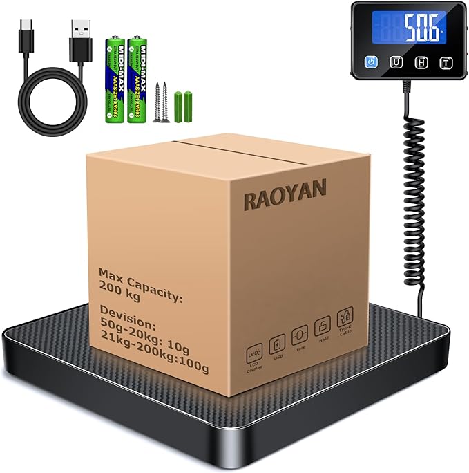Shipping Scale, 440lb/0.5oz High Accuracy Digital Scale for Packages with Hold, Tare Function, Postal Scale for Small Business, Luggage, Home Use (Battery & Charging Cable Include)