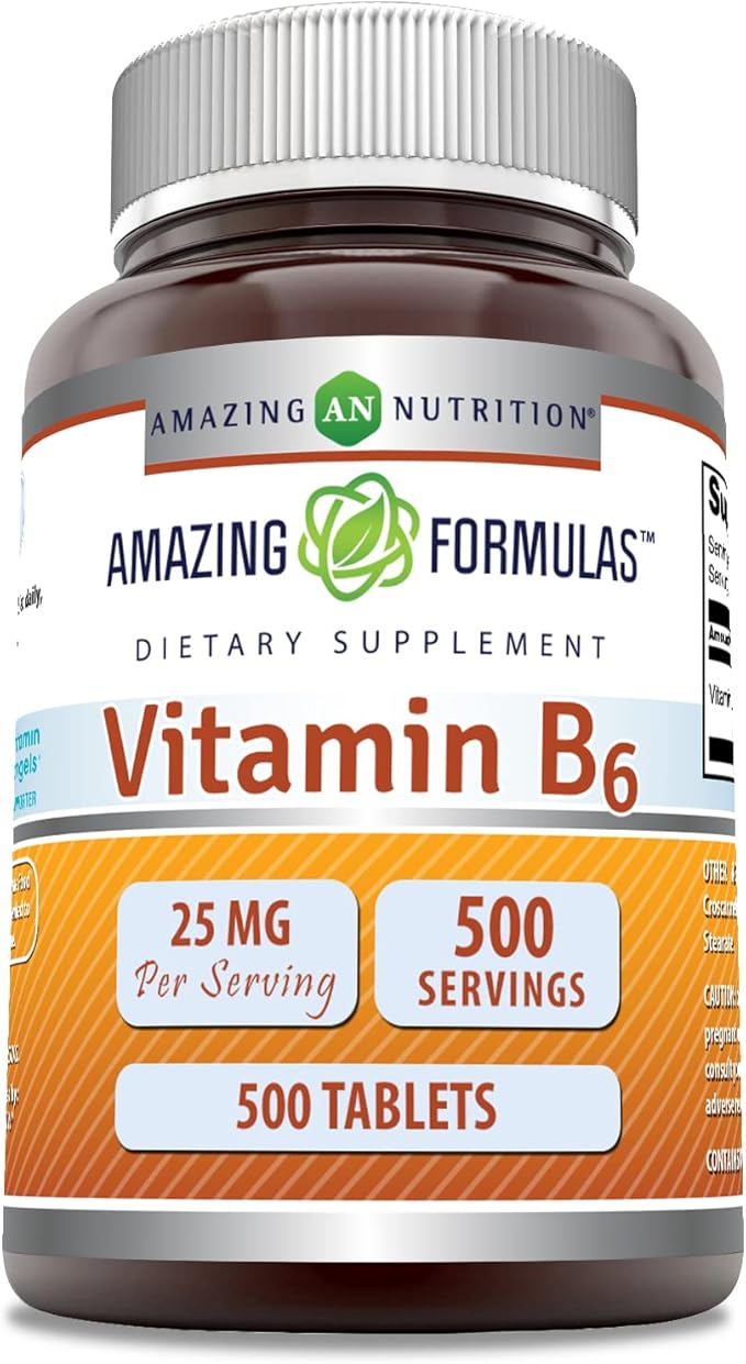 Amazing Formulas Vitamin B6 Pyridoxine Supplement | 25 Mg per Serving | 500 Tablets | Non-GMO | Gluten-Free | Made in USA