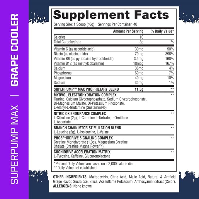 Gaspari Nutrition SuperPump MAX, The Ultimate Pre Workout Powder, Sustained Energy Preworkout, Nitric Oxide Booster, Muscle Growth, Recovery & Replenishes Electrolytes (Grape Cooler)