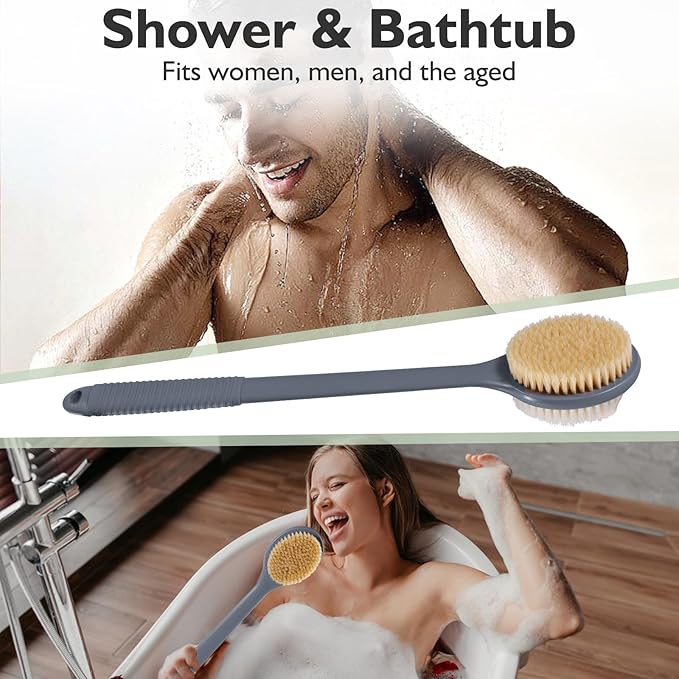VANZAVANZU 17 Inch Back Scrubber for Shower, Anti-Slip Long Handle Shower Brush with Soft and Stiff Bristles, Exfoliating Bath Brush for Wet or Dry Brushing (Gray)
