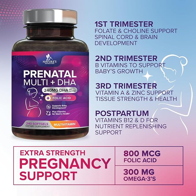 Prenatal Vitamins with Folic Acid & DHA, Fetal Brain Development Support with Folate & Omega 3's, Prenatal Multivitamin for Women, Vitamin A, C, D, B6, B12 & Iron, Pregnancy Supplement - 240 Softgels