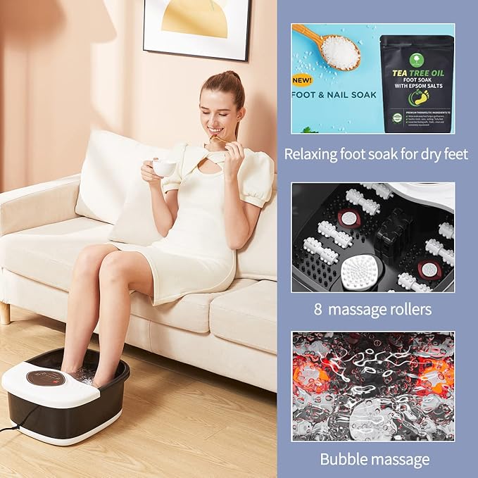 Foot Spa Bath Massager with Tea Tree Oil Foot Soak with Epsom Salt - with Heat, Bubbles and Vibration,Red Light,Medicine Box Digital Temperature Control 8 Acupressure Massage Points