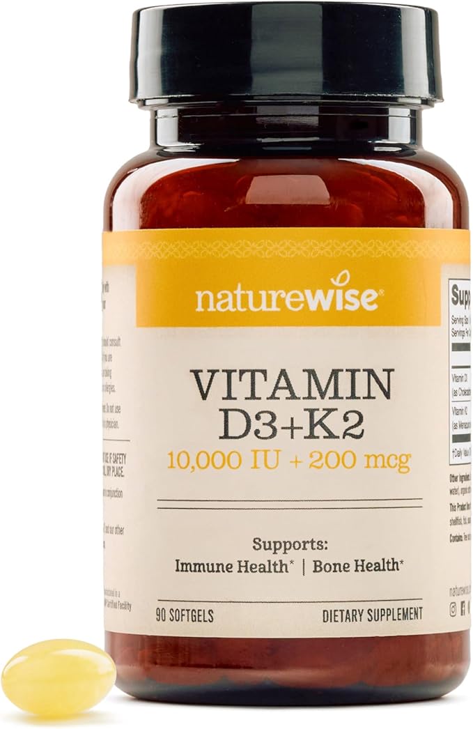 NatureWise Vitamin D3 10,000 IU Plus K2 (MK-7) 200 mcg with Organic Extra Virgin Coconut Oil - Supports Calcium Absorption, Bone, Heart & Immune Health - Non-GMO, Soy & Gluten-Free - 90 Softgels