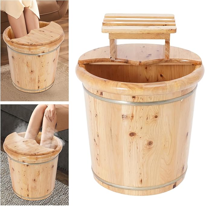 Eapmic Wooden Foot Bath Bucket with Lid, Feet Massage Barrel, Solid Wood Round Foot Soak Tub, Home Sauna Feet Basin, Pedicure Barrel for Spa, Massage, Sauna (D)