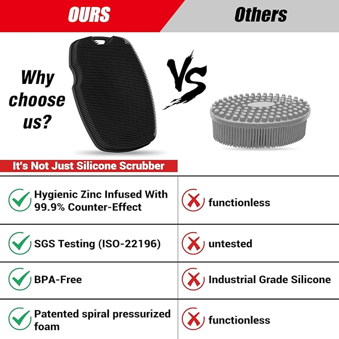 Silicone Body Scrubber Anti Slip for Shower,Zinc Infused Soft Bristles Shower Scrubber for Body Exfoliator,Hygienic,Blood Circulation - Black