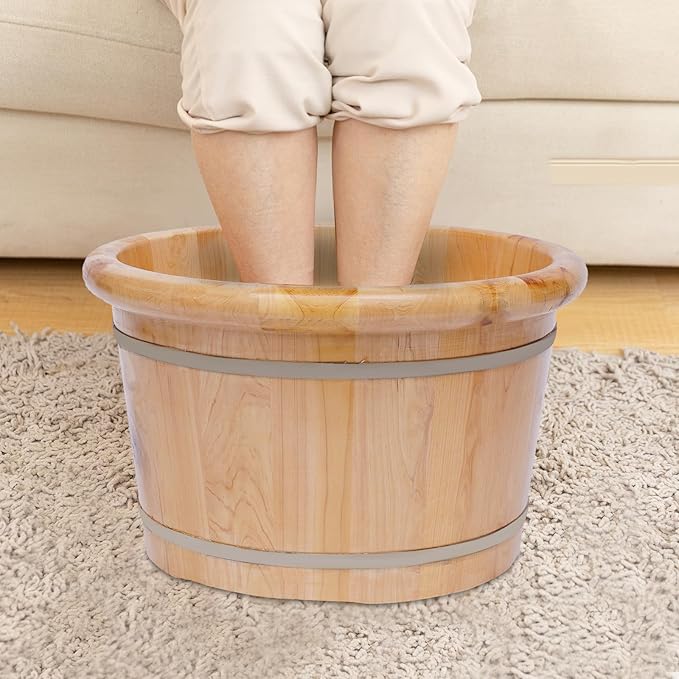 Eapmic Wooden Foot Bath Bucket with Massage Rollers and Lid, Feet Massage Barrel, Solid Wood Round Foot Soak Tub, Home Sauna Feet Basin, Pedicure Barrel for Spa, Massage, Sauna (E)