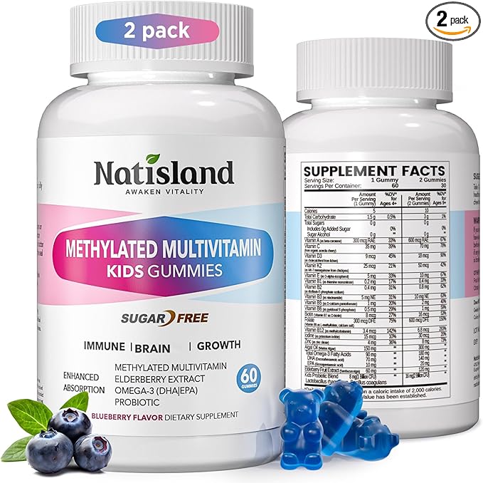 Kids Methylated Multivitamin - Chewable Multivitamin for Kids & Teens 4+, With L Methylfolate, Vegan Omega-3, Zinc, Probiotics & Elderberry, Immune Support, Brain Health, MTHFR Supplement, 2PC
