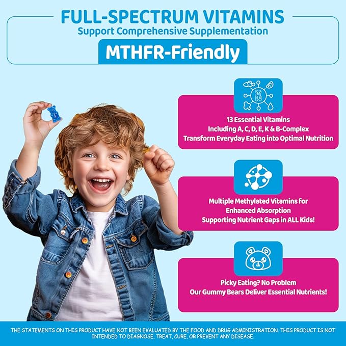 Kids Methylated Multivitamin - Chewable Multivitamin for Kids & Teens 4+, With L Methylfolate, Vegan Omega-3, Zinc, Probiotics & Elderberry, Immune Support, Brain Health, MTHFR Supplement, 2PC