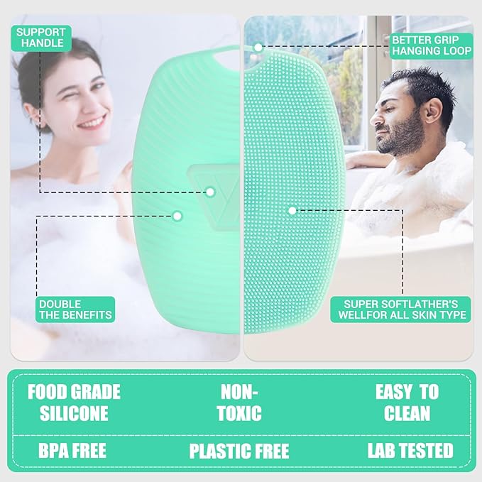 Silicone Body Scrubber Anti Slip for Shower,Zinc Infused Soft Bristles Shower Scrubber for Body Exfoliator,Hygienic,Blood Circulation - Green