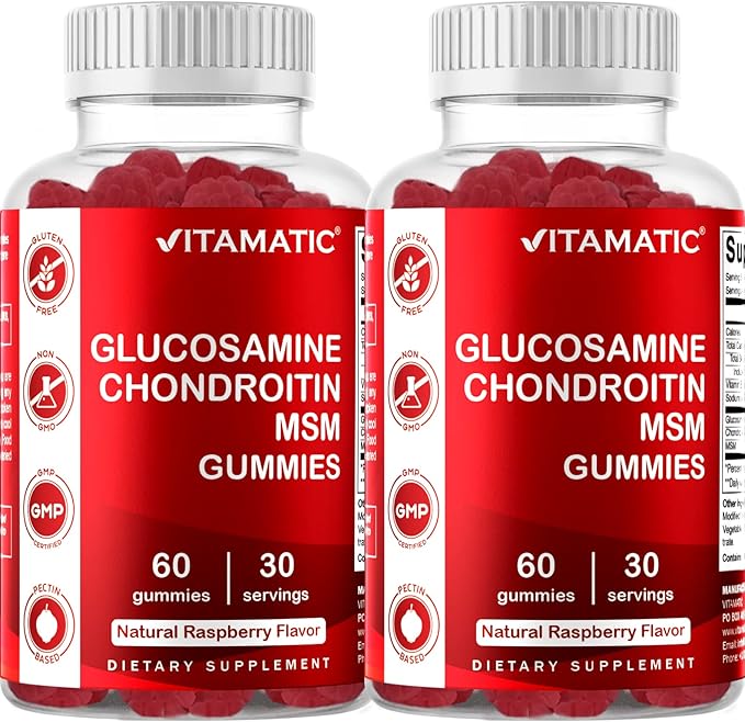 Vitamatic Glucosamine Chondroitin Gummies with MSM & Vitamin E – Joint Support – 60 Pectin-Based Vegan Gummies per Bottle – Pack of 2 (Total 120 Gummies)
