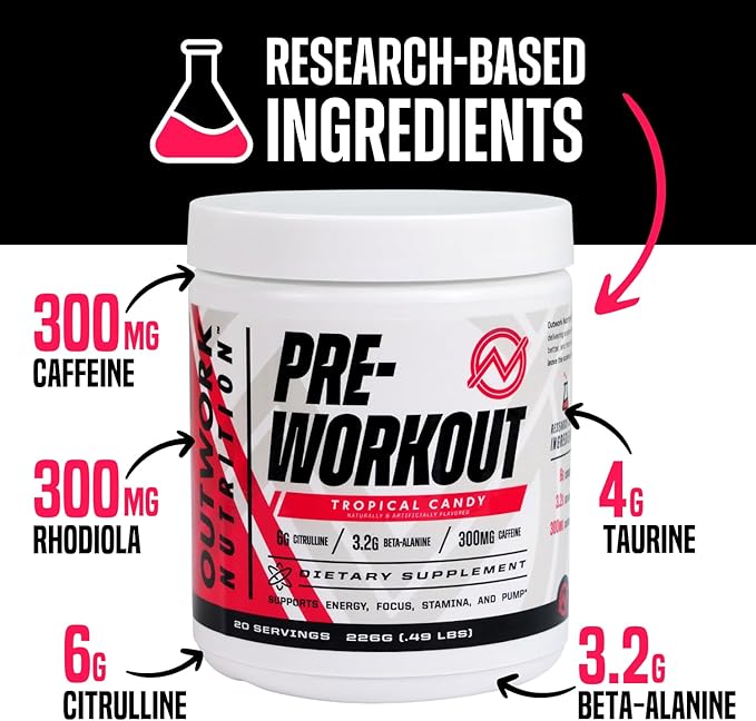 Outwork Nutrition Pre Workout Powder for Men & Women - Pre-Workout Supplements Without Creatine, Nootropic Preworkout with Citrulline Malate Beta Alanine Taurine Rhodiola Caffeine (Tropical Candy)