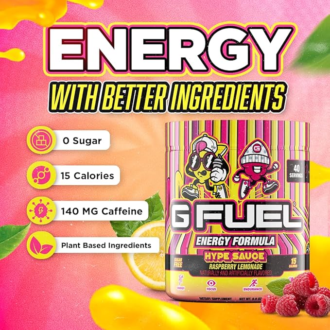 G Fuel Hype Sauce Energy Drink Powder, Pre Workout Caffeine Mix for Gaming, Sugar Free Focus Amino, Vitamin + Antioxidants, 9.9oz (Raspberry Lemonade, 40 Servings)