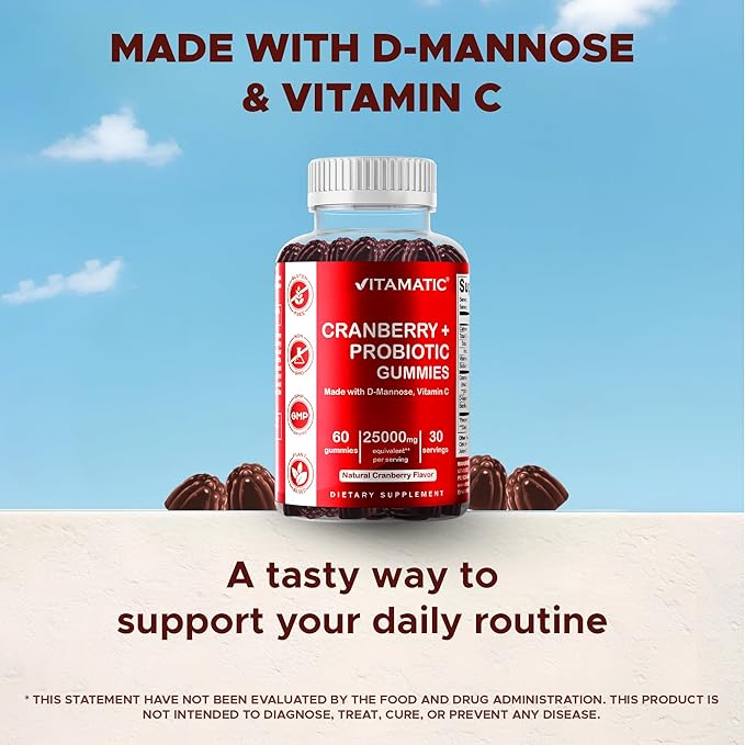 Vitamatic 2 Pack Vegan Cranberry Gummies with D-Mannose, Probiotic & Vitamin C for Women Urinary Tract Health - 25000mg Equivalent Per Serving (from 50:1 Extract 500 mg) - 60 Count