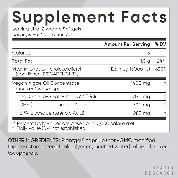 Sports Research Vegan Omega-3 with Vitamin D3 Softgels - 1020mg Omega-3 & 5000iu D3 Supplement - Fish Oil Alternative with Vitamin D - Plant-Based Support from Algae Oil - 60 Veggie Softgels for