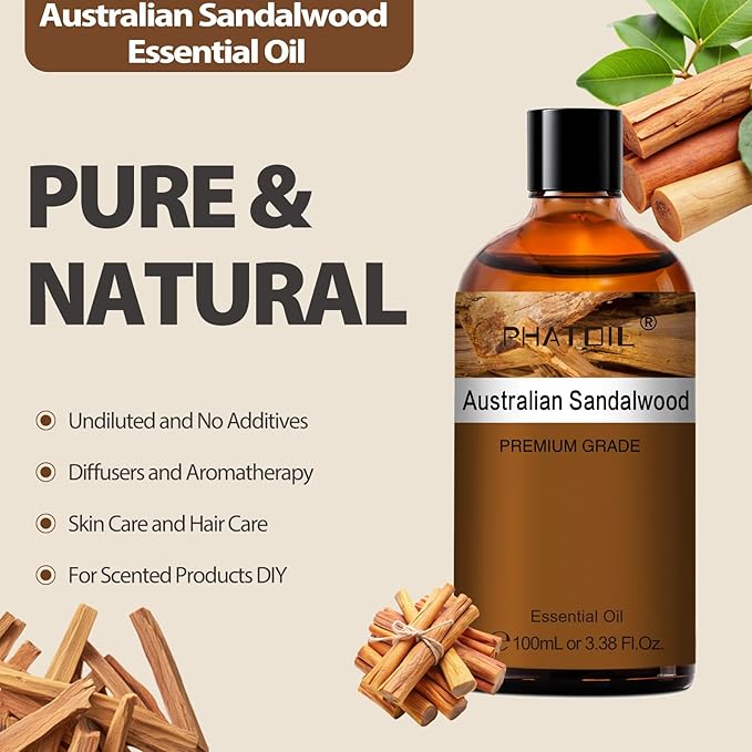 Australian Sandalwood Essential Oil, Pure Premium Natural Oil for Hair Care, Body Skin Care, Aromatherapy, DIY Candle, Soap Making 3.38Fl Oz
