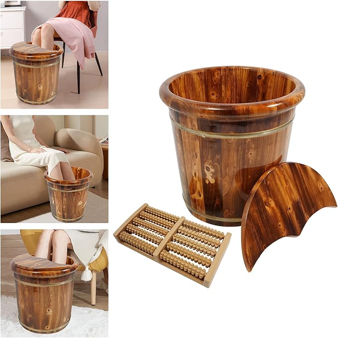 Eapmic Wooden Foot Bath Bucket with Massage Rollers and Lid, Feet Massage Barrel, Solid Wood Round Foot Soak Tub, Home Sauna Feet Basin, Pedicure Barrel for Spa, Massage, Sauna (C)