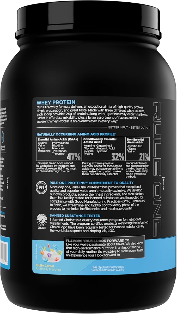 Rule 1 Whey Protein – 24g Fast-Acting Protein from All-Whey Sources with Naturally Occurring EAAs & BCAAs for Workout Recovery or Anytime Use (2 Pounds*, Fruity Cereal)